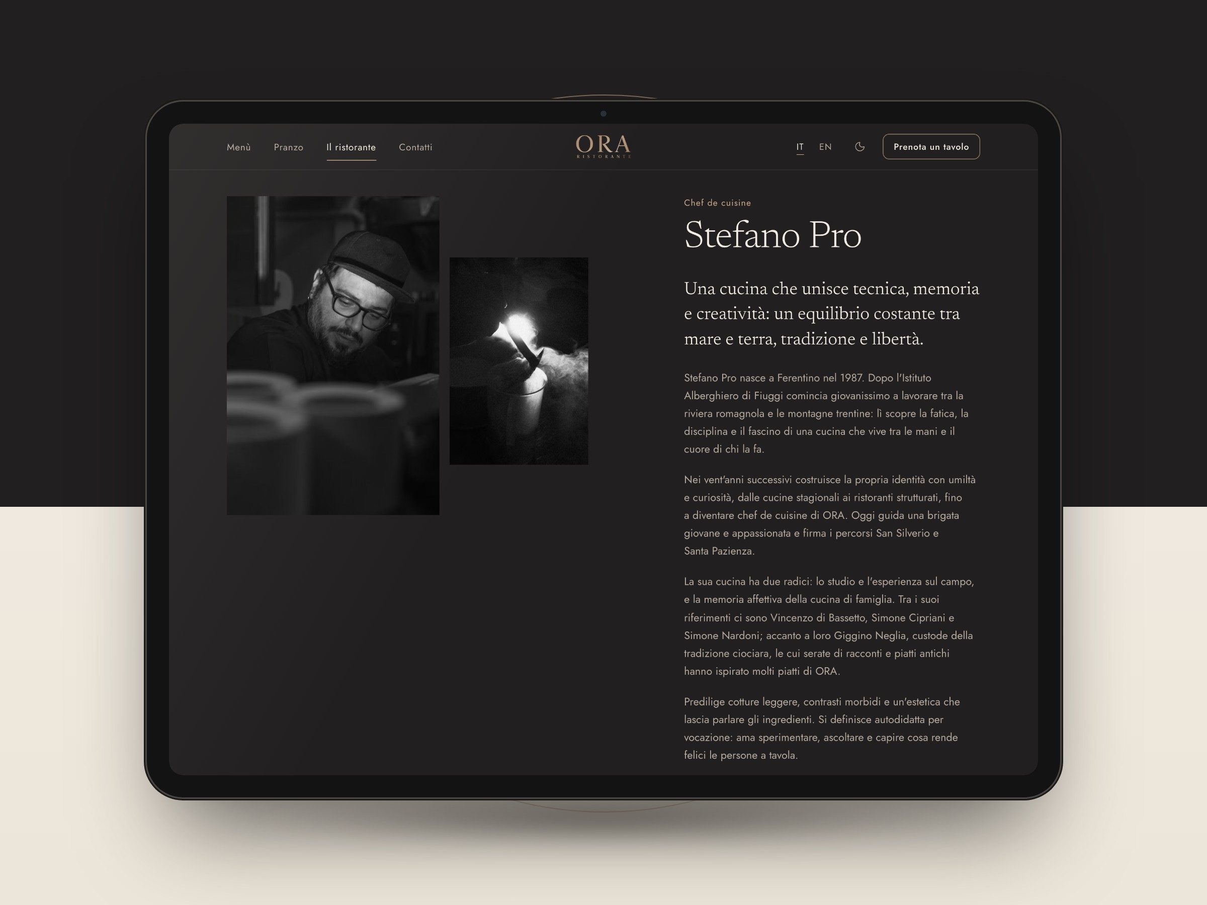 La pagina Il ristorante del sito di ORA su un tablet, con lo chef Stefano Pro in bianco e nero e la sua storia