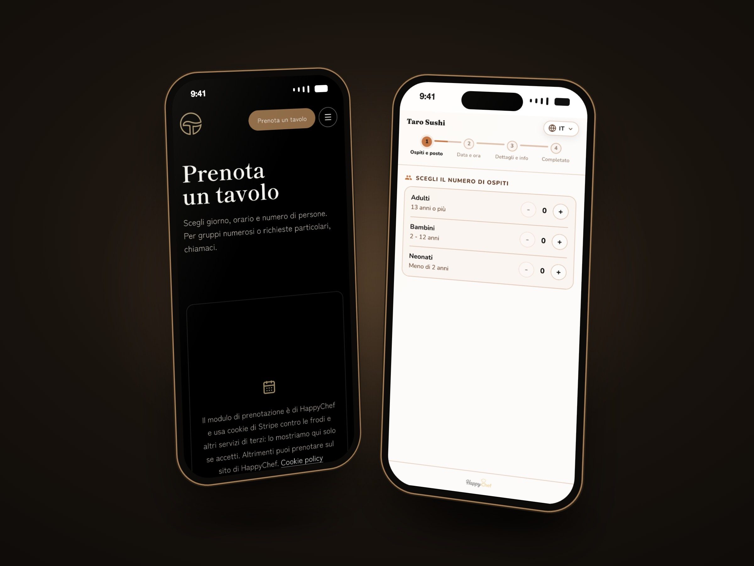 Due smartphone: la pagina Prenota del sito di Taro Sushi e il modulo di prenotazione HappyChef con la scelta del numero di ospiti