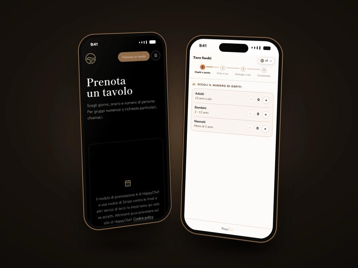 Due smartphone: la pagina Prenota del sito di Taro Sushi e il modulo di prenotazione HappyChef con la scelta del numero di ospiti