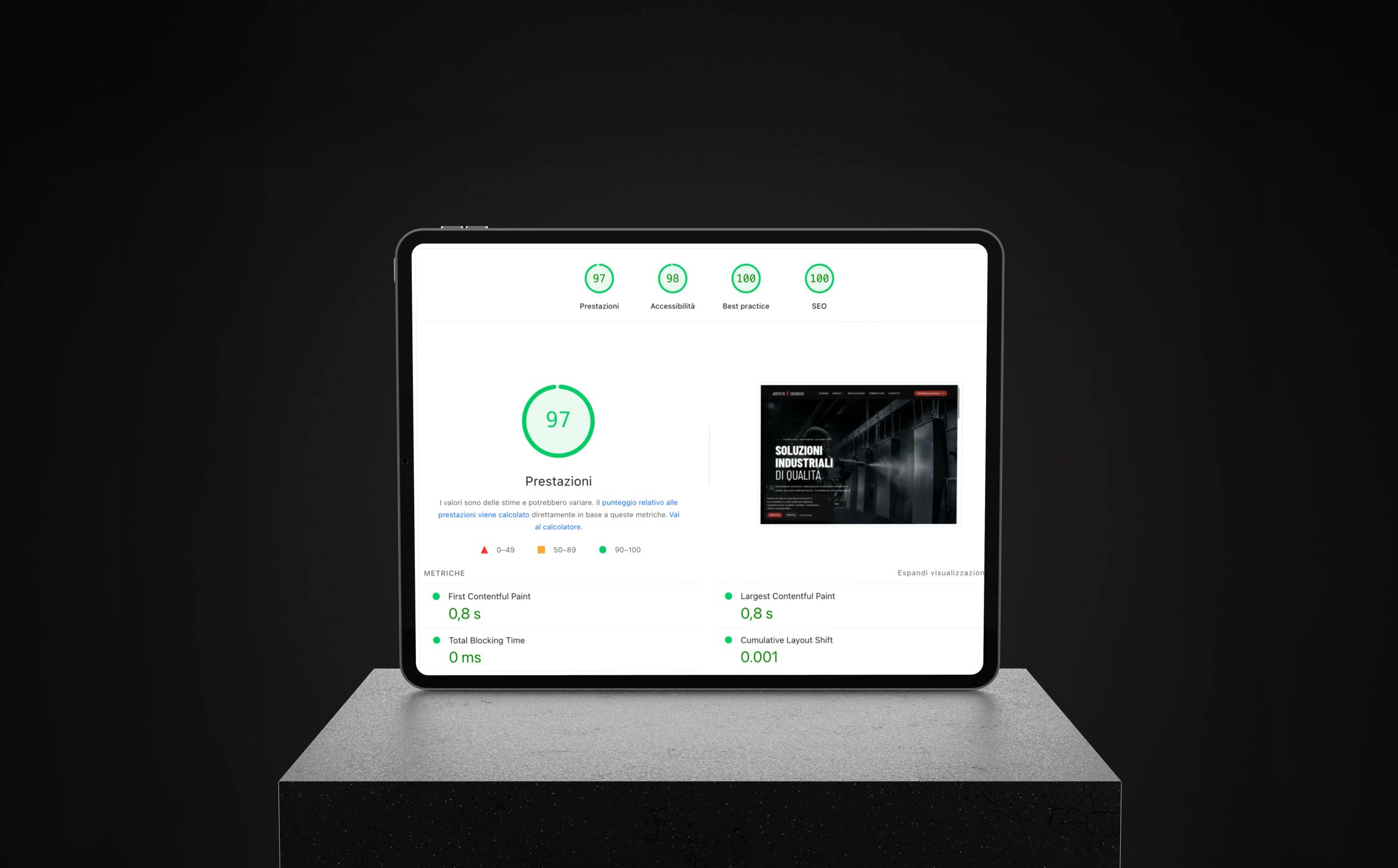 Il report Google Lighthouse di aestusdesign.com su un tablet, con 97 nelle prestazioni