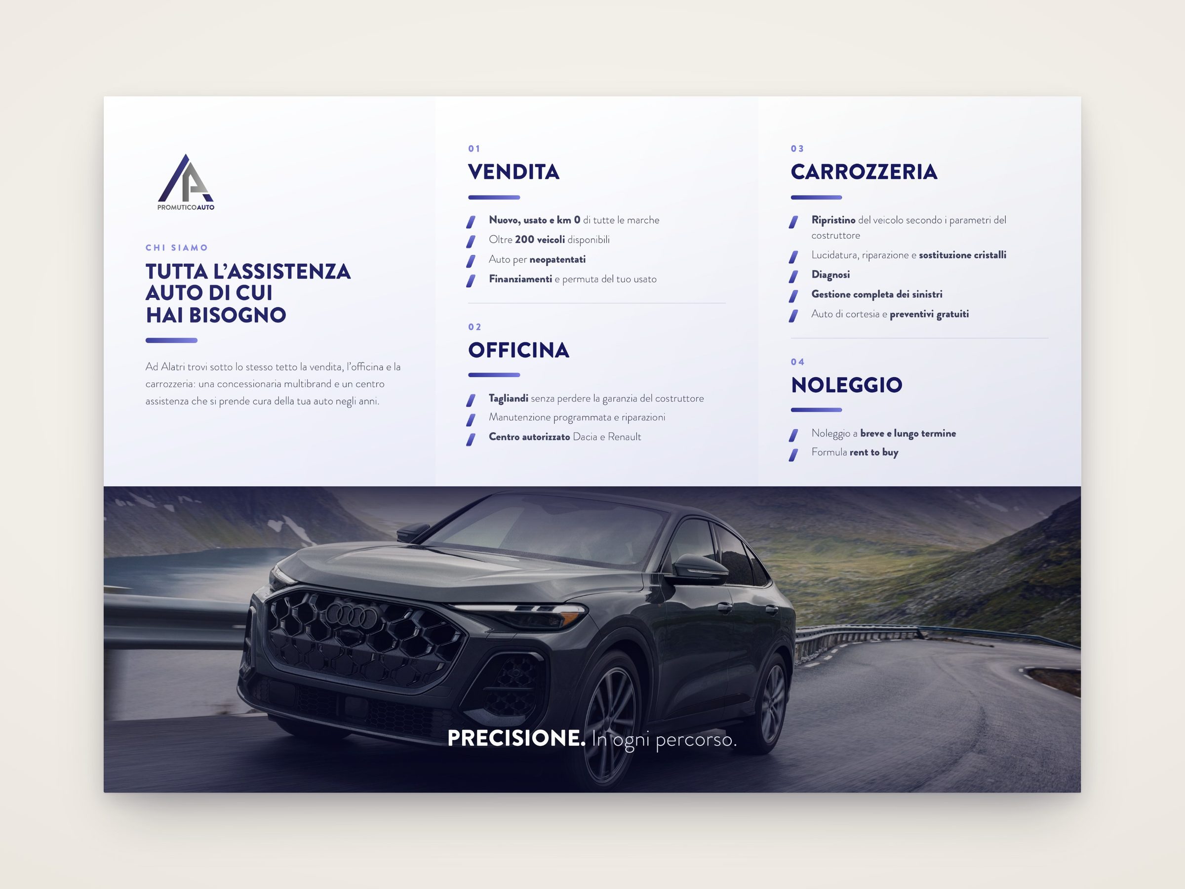 L'interno del pieghevole di Promutico Auto, con vendita, officina, carrozzeria e noleggio e una fascia fotografica con un'Audi Q5 Sportback