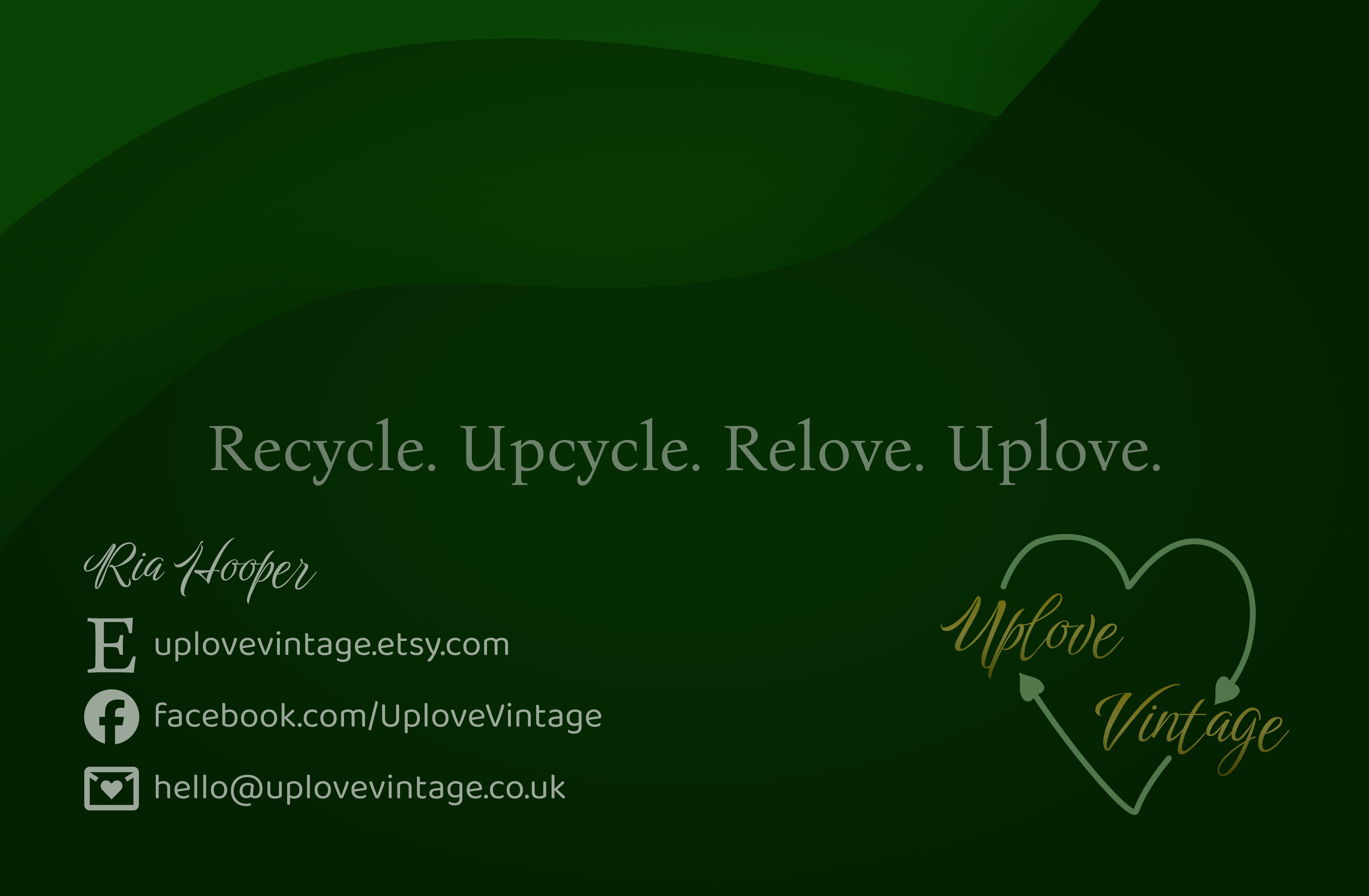 Uplove Vintage business card front, showing the heart logo and contact details