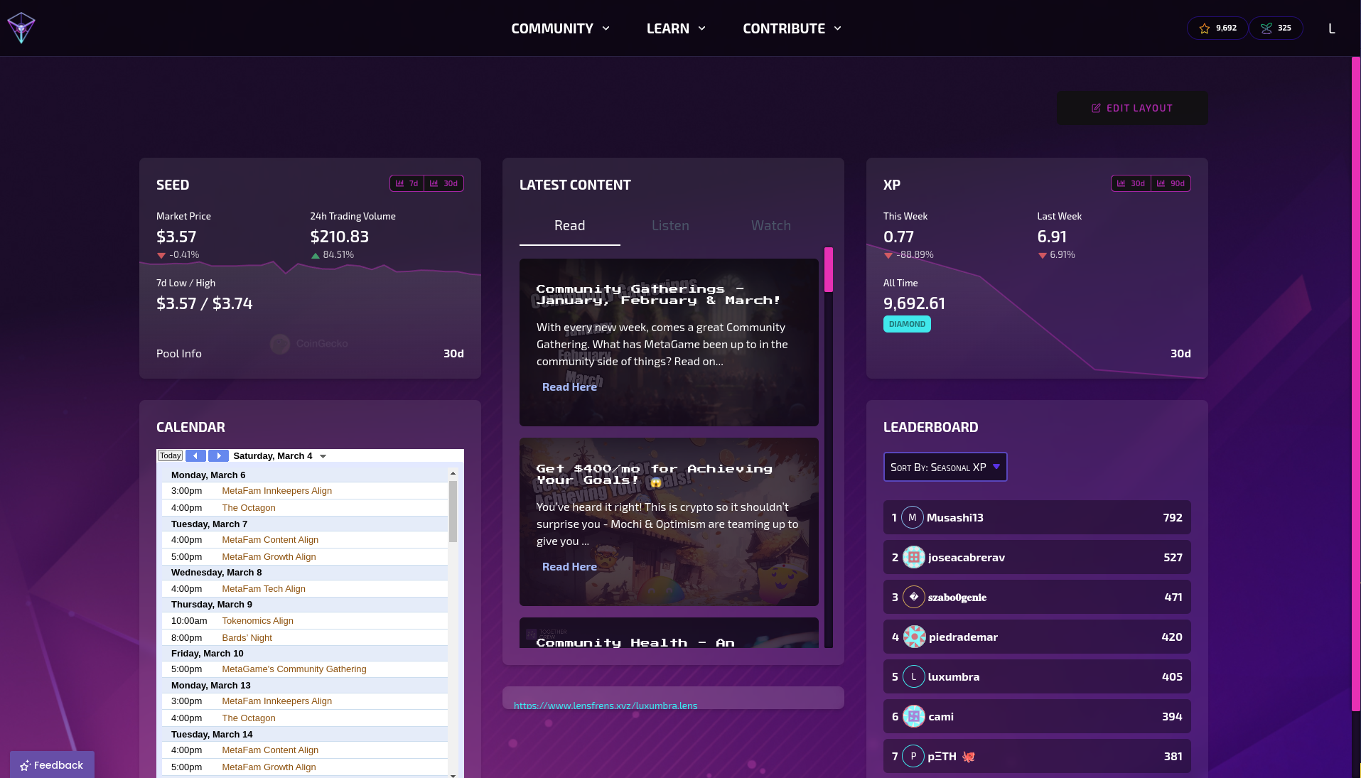 MetaGame's dashboard