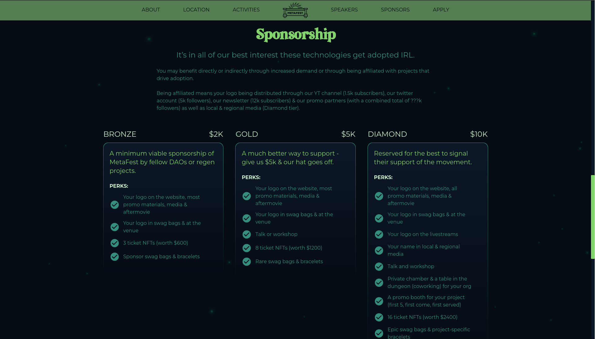 The sponsorship section and the tiers for pricing & perks