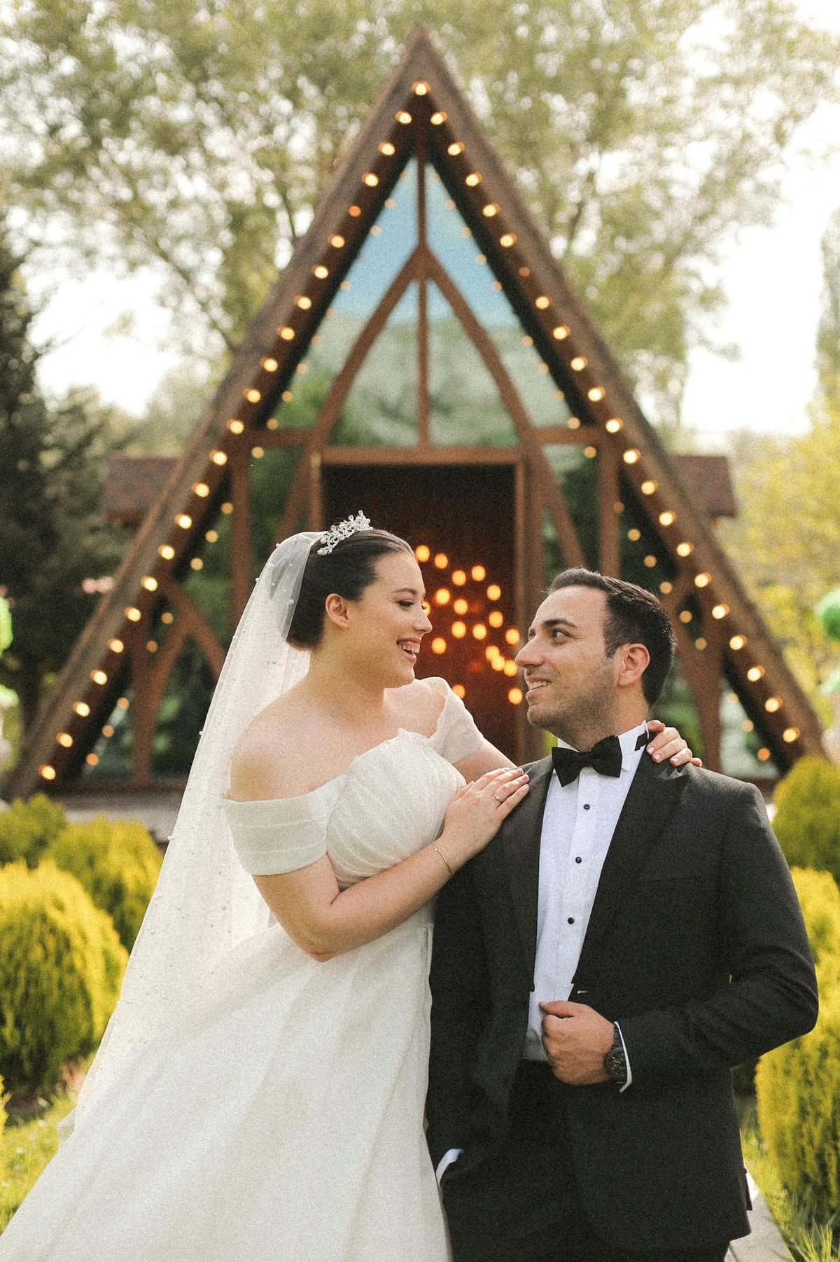 Bride and groom portrait at sunset