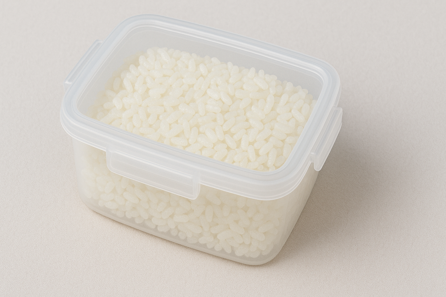 a clear plastic container filled with white rice