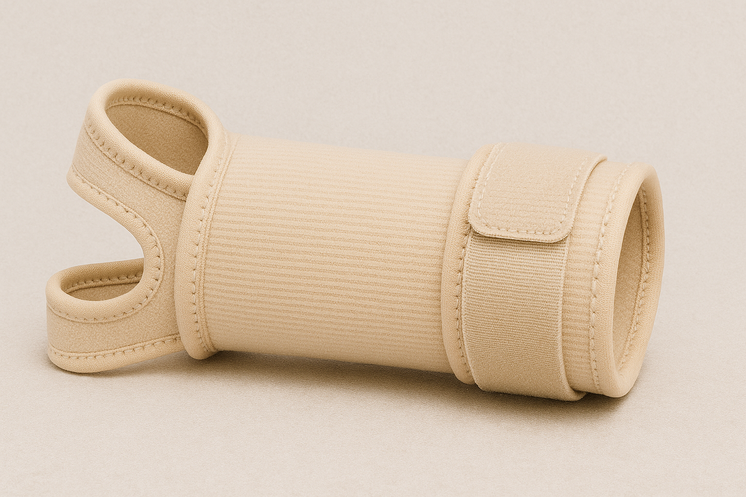 a tan wrist brace is laying on a white surface