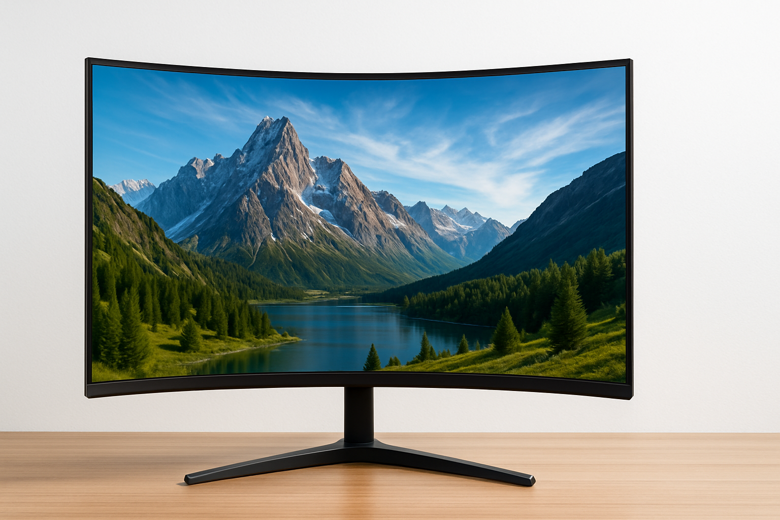 a computer monitor displays a picture of mountains and a lake