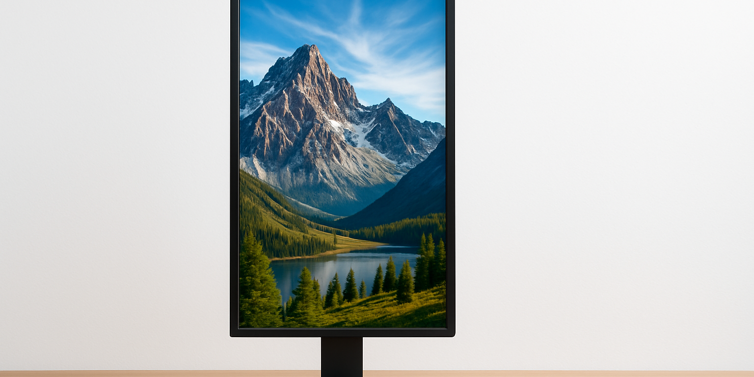 a computer monitor displays a picture of a mountain and a lake