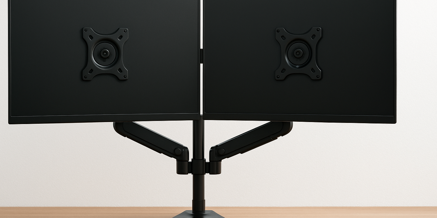 two black monitors are sitting on a wooden desk