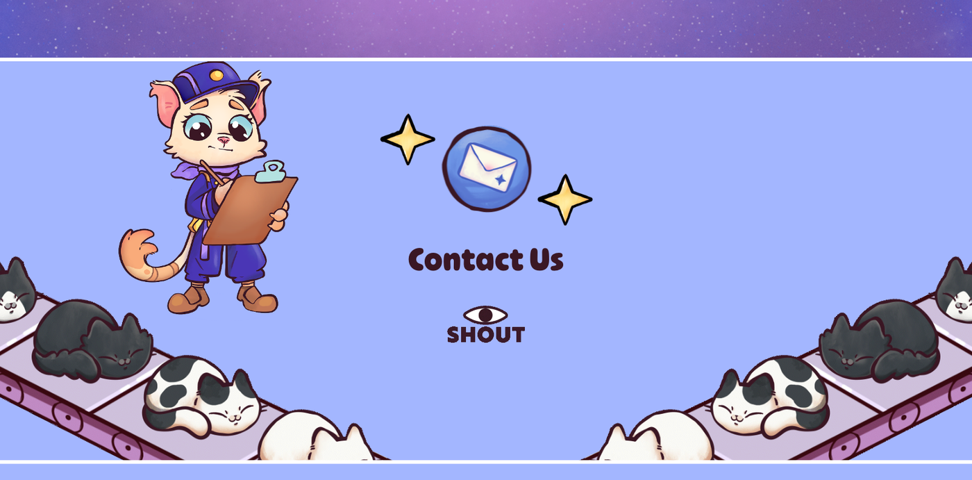 The landing page's contact section, with the game's mascot and social links