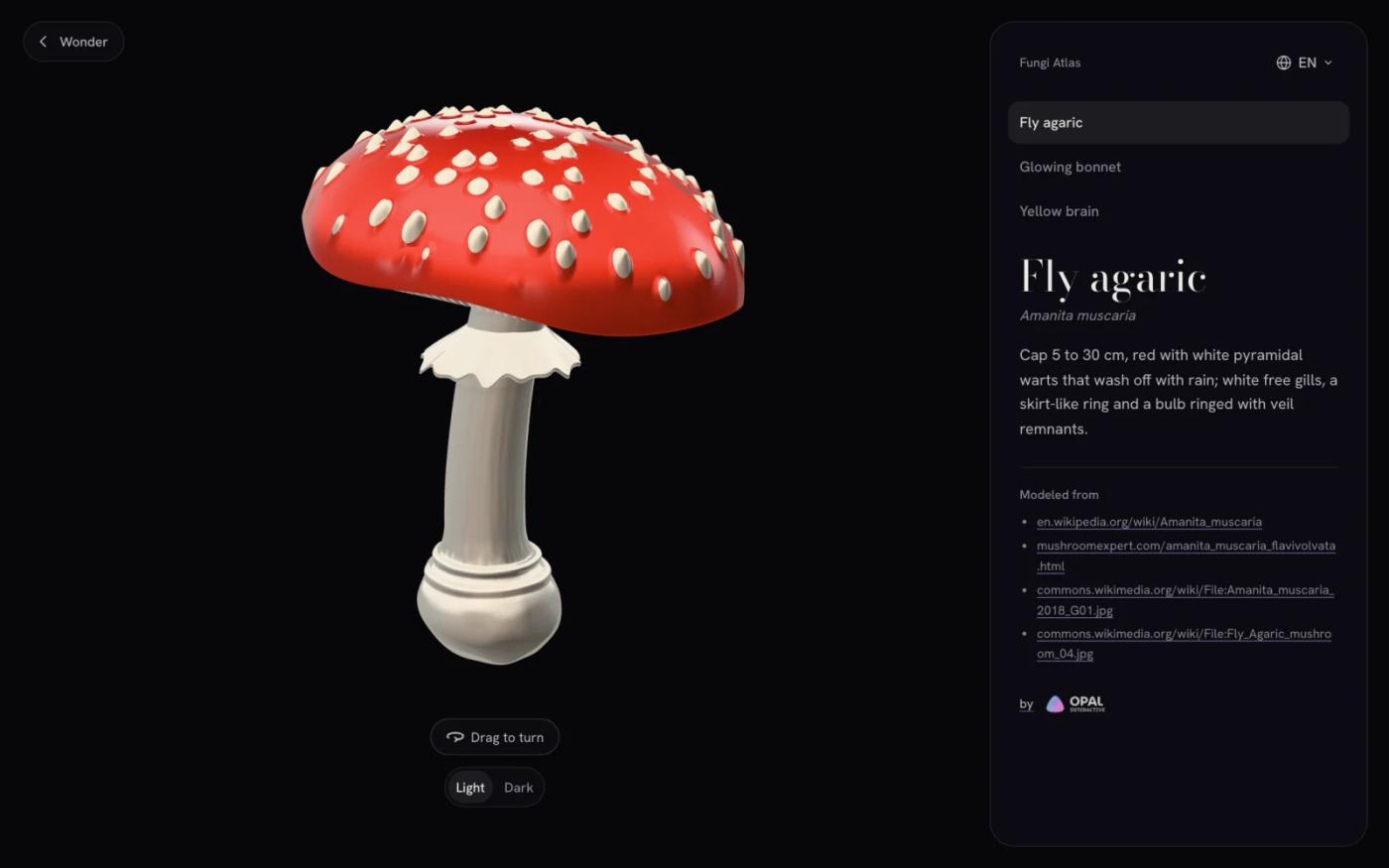 Fungi Atlas: a fly agaric rendered live in 3D, next to its description and the sources it was modeled from