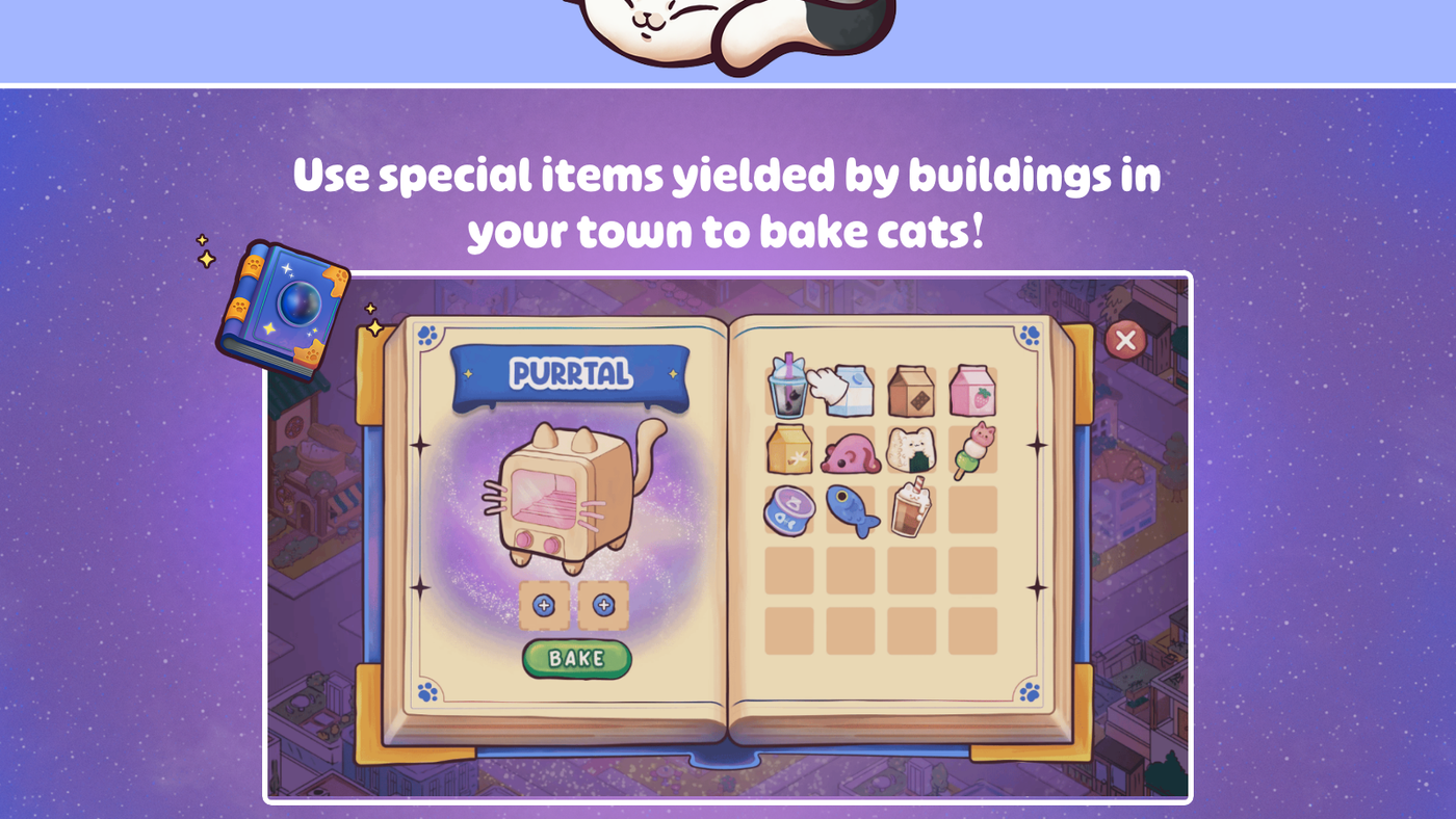 The "bake cats" mechanic showcase, an illustrated storybook panel explaining the crafting loop