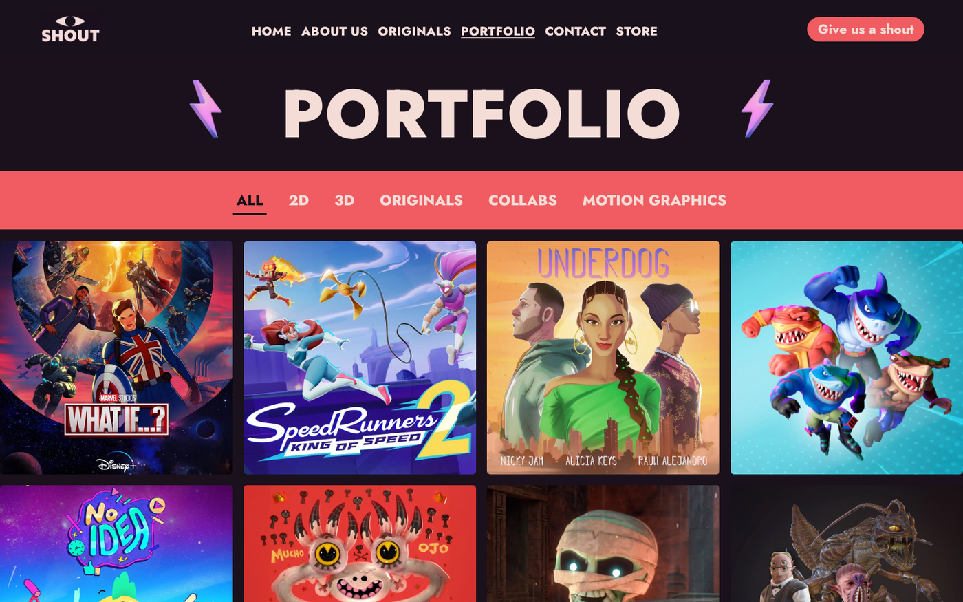 Estudio Shout's filterable portfolio grid, spanning client work for Marvel, Amazon, Nickelodeon and more