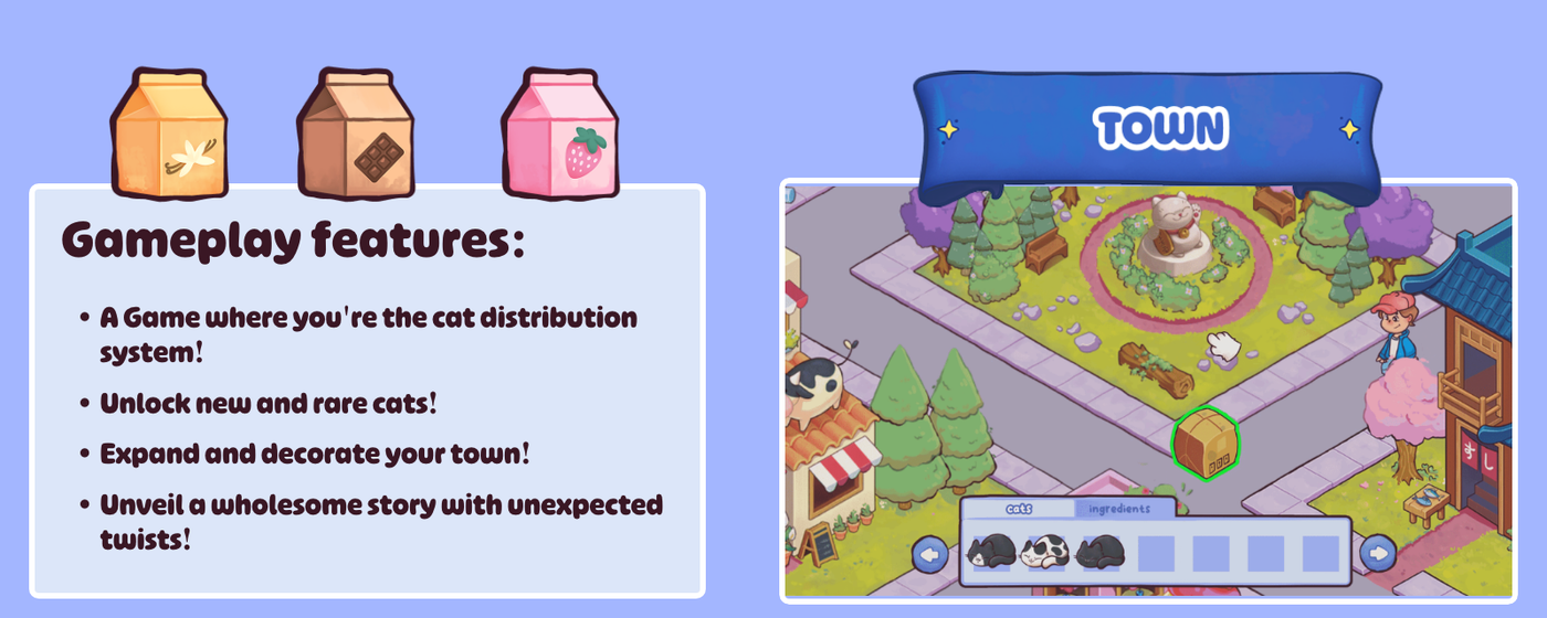 The game's feature list next to a mockup screenshot of its town
