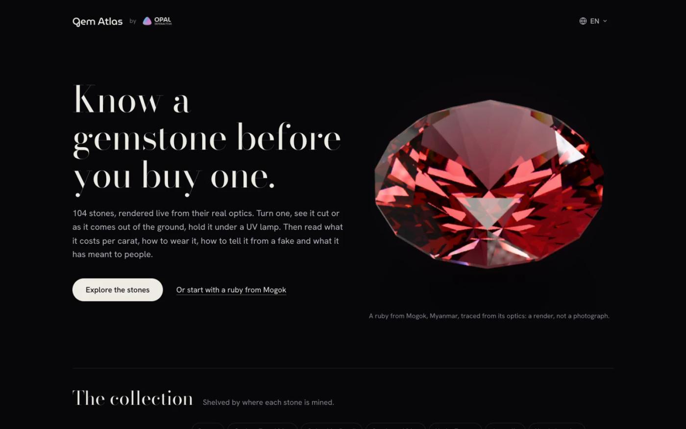 Gem Atlas home page: a ruby rendered live next to the headline Know a gemstone before you buy one