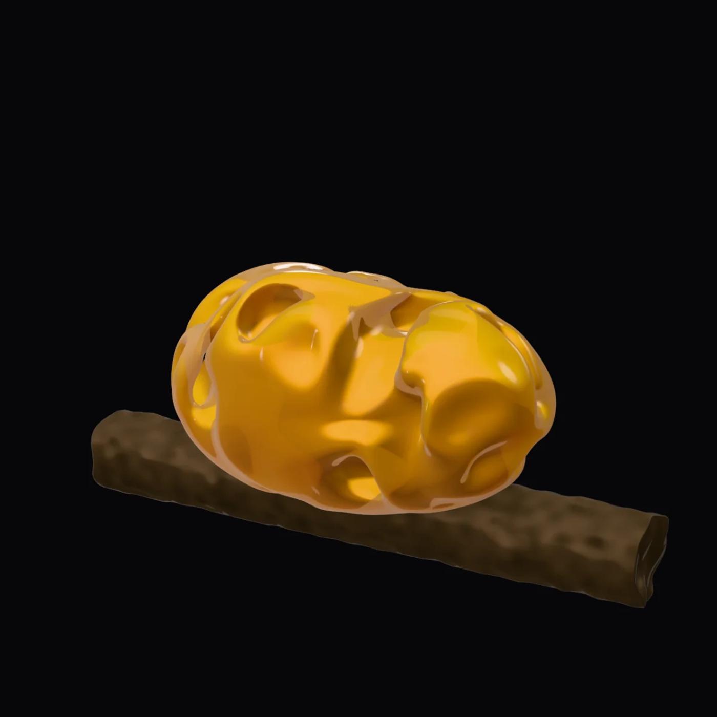 A yellow brain fungus on a branch, its jelly lobes rendered live