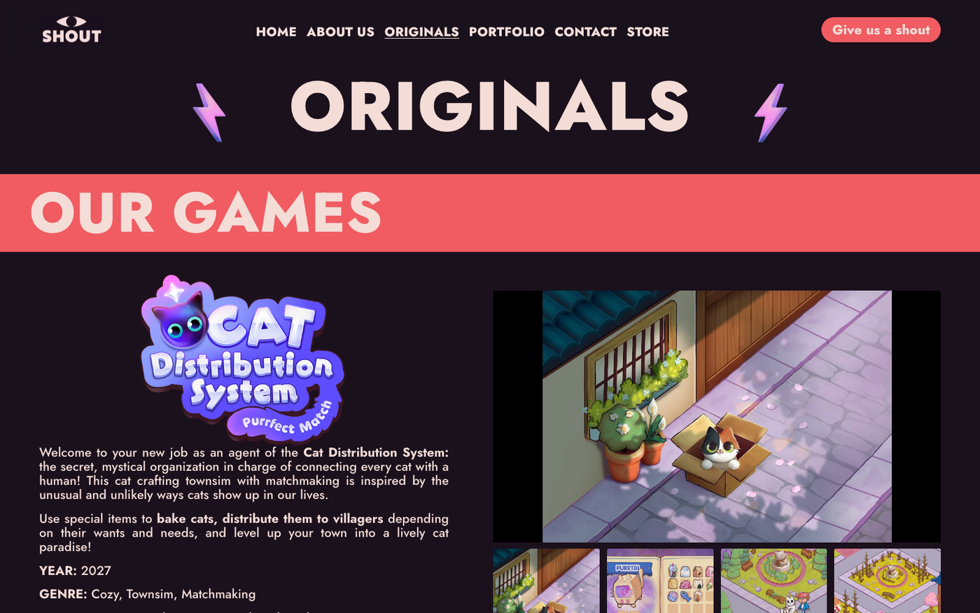 Cat Distribution System, Estudio Shout's own game in development, on the Originals page