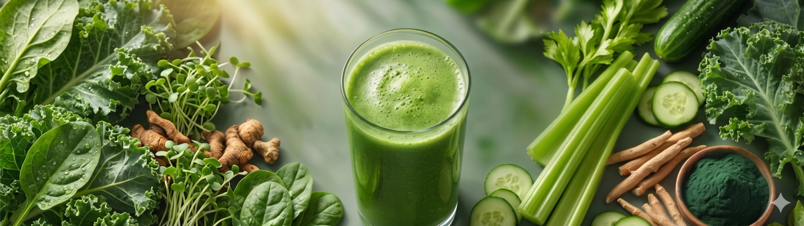 A top-down, panoramic hero image featuring a glass of vibrant green juice centered among fresh, raw ingredients like kale, spinach, celery, cucumbers, ginger, and spirulina powder on a matching dark green background.