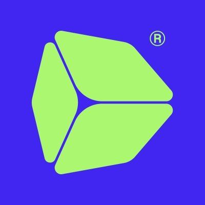 a green cube with a r logo on a blue background .