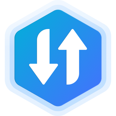 a blue hexagon with two white arrows pointing up and down