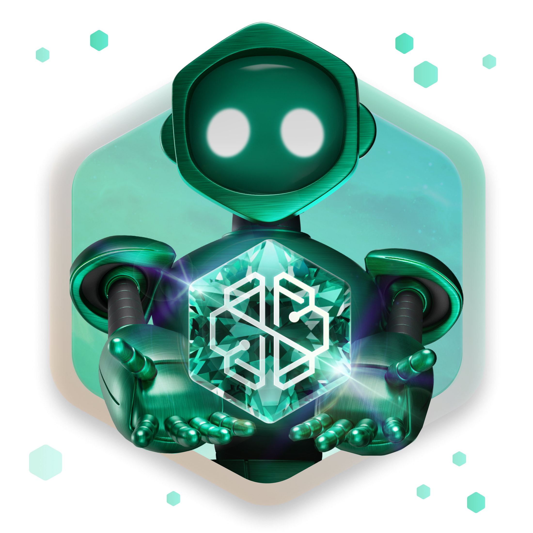 a green robot is holding a diamond with BORG logo on it