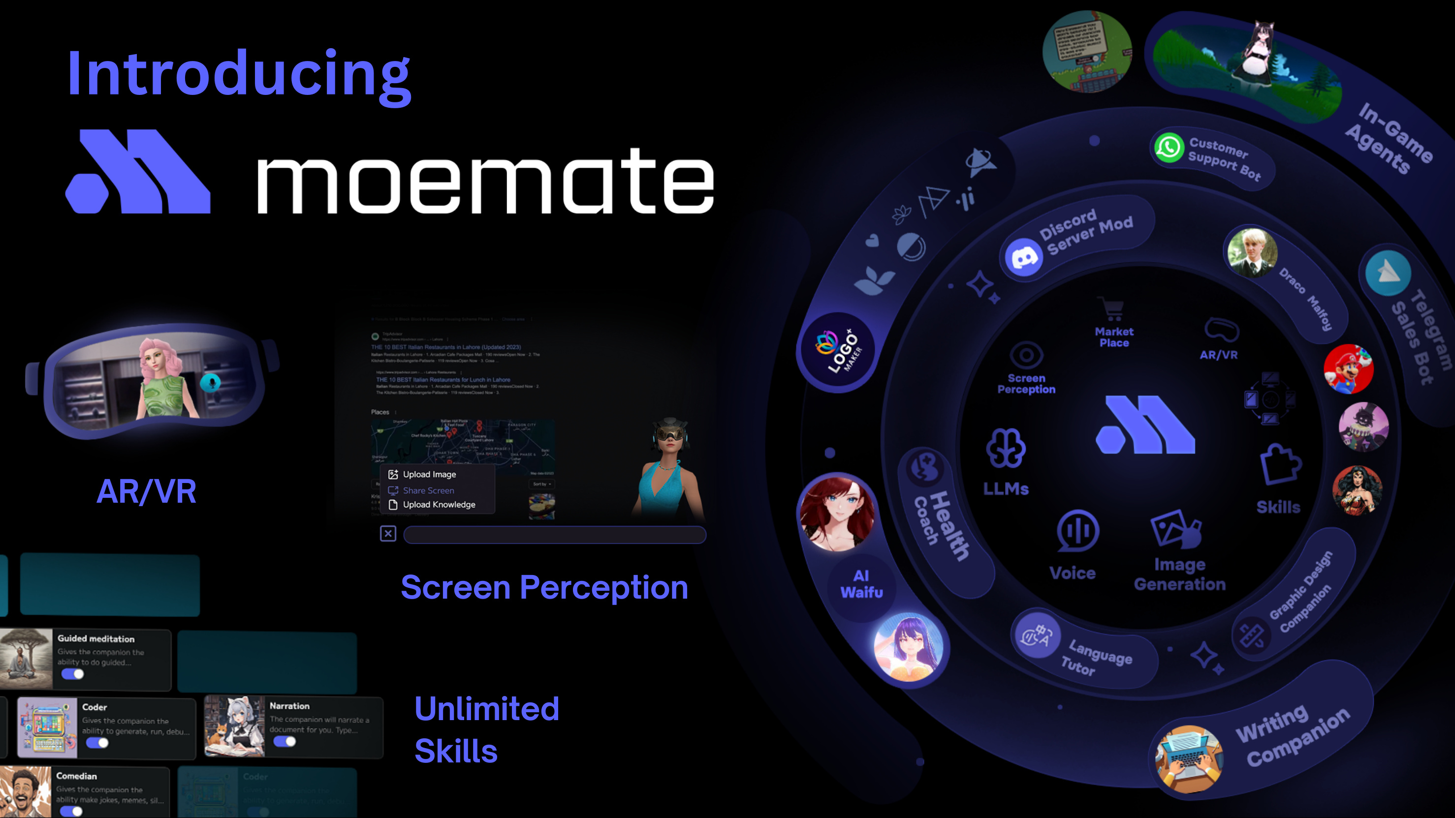 moemate showing a virtual reality headset, screen perception and unlimited skills