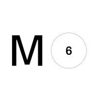 a black letter m with a white circle around it and a number 6 .