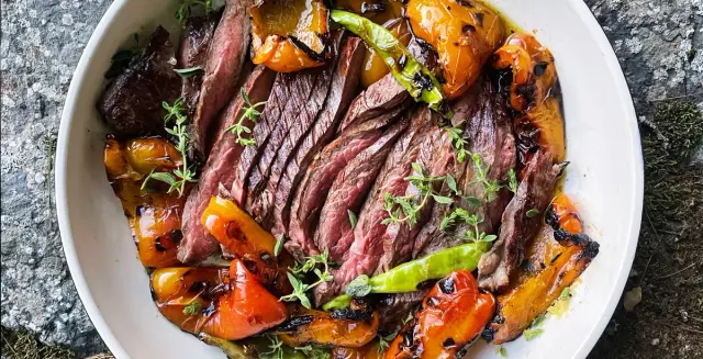 Marinated and Grilled Flank Steak With Peppers