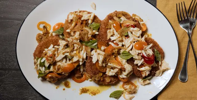 Fried Green Tomatoes with Warm Curried Crab Salad