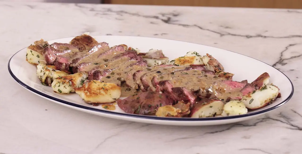 Minute Steak with Rosemary Smashed Potatoes and Peppercorn Pan Sauce