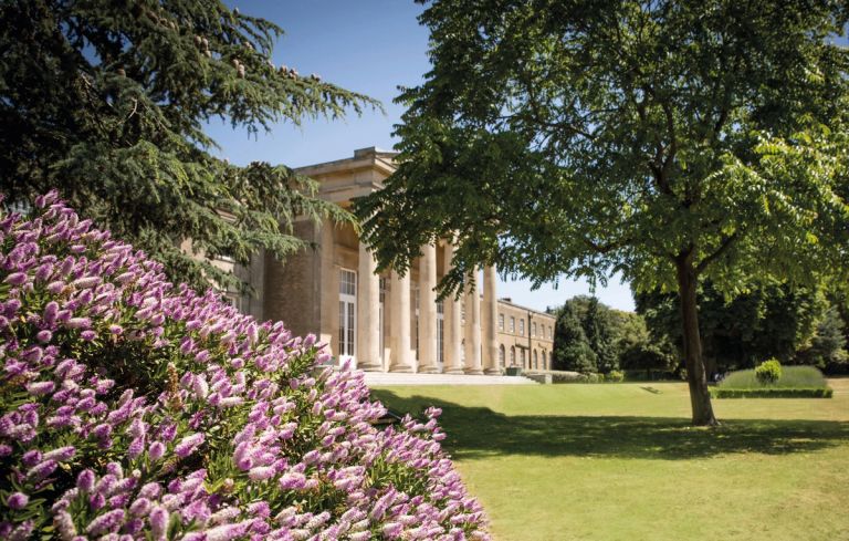 A Lyonsdown school with tall columns standing under a clear blue sky. A lush lawn spreads out in front, bordered by a group of trees. In the foreground, pink and purple flowers bloom, adding colour to the scene.