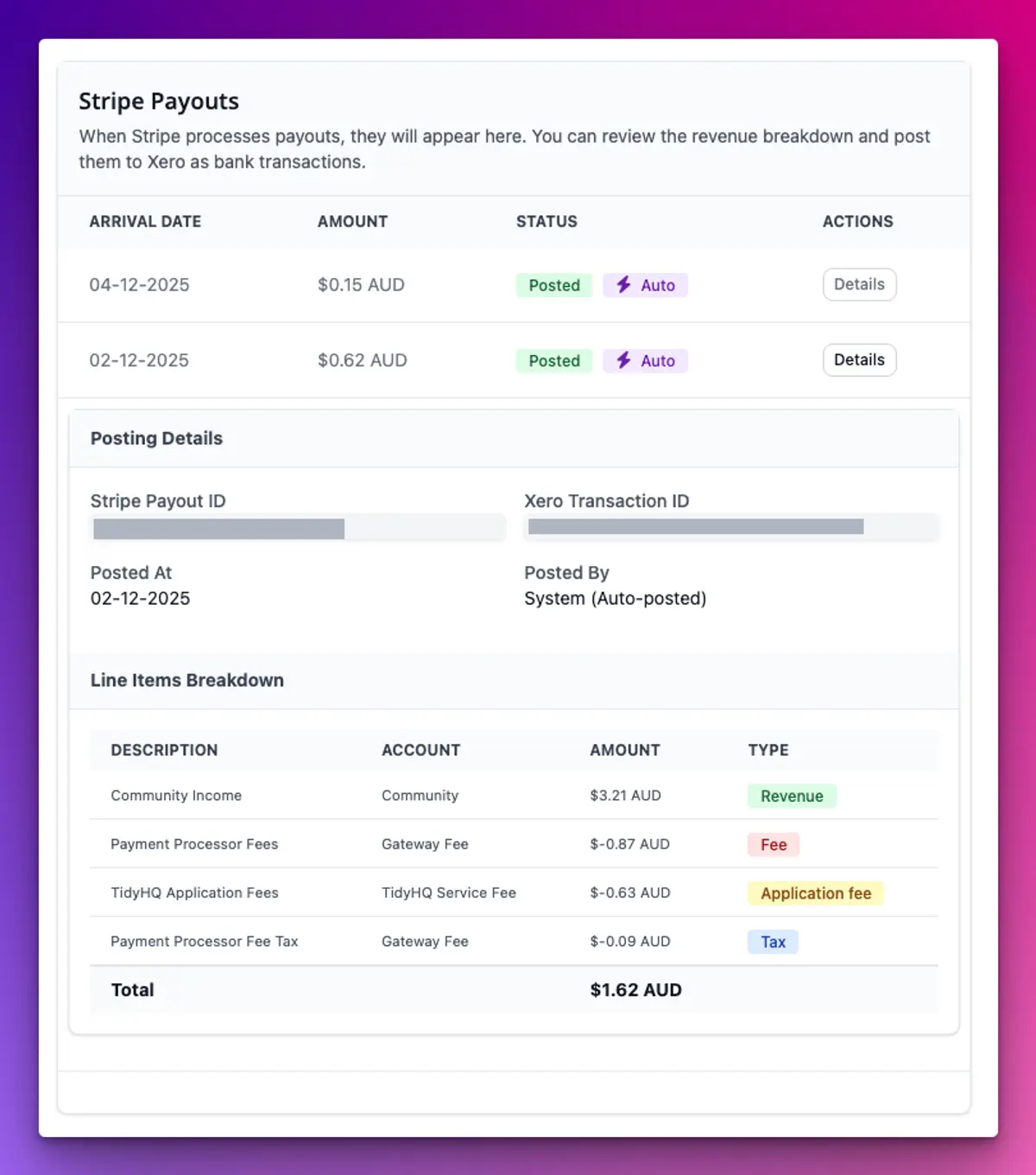 The Stripe Payouts list in the Xero V2 app, with one payout expanded to show a line items breakdown of income, payment processor fees, TidyHQ application fees and fee tax adding up to the payout total