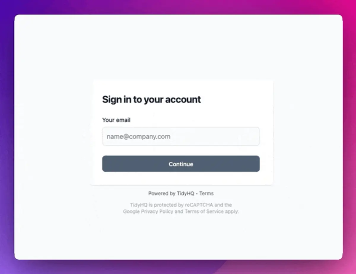 A TidyHQ sign-in screen asking for your email address, the first step before choosing a passkey or email code