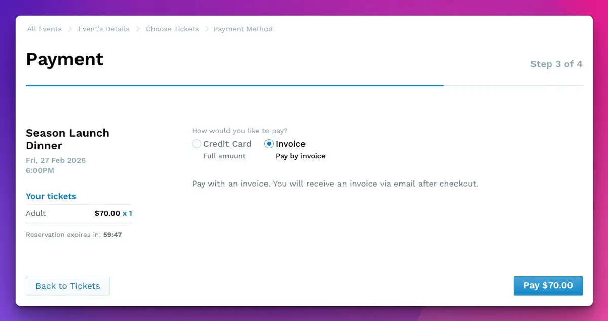 The event payment step showing Credit Card and Invoice as options, with a note that the invoice will arrive by email after checkout