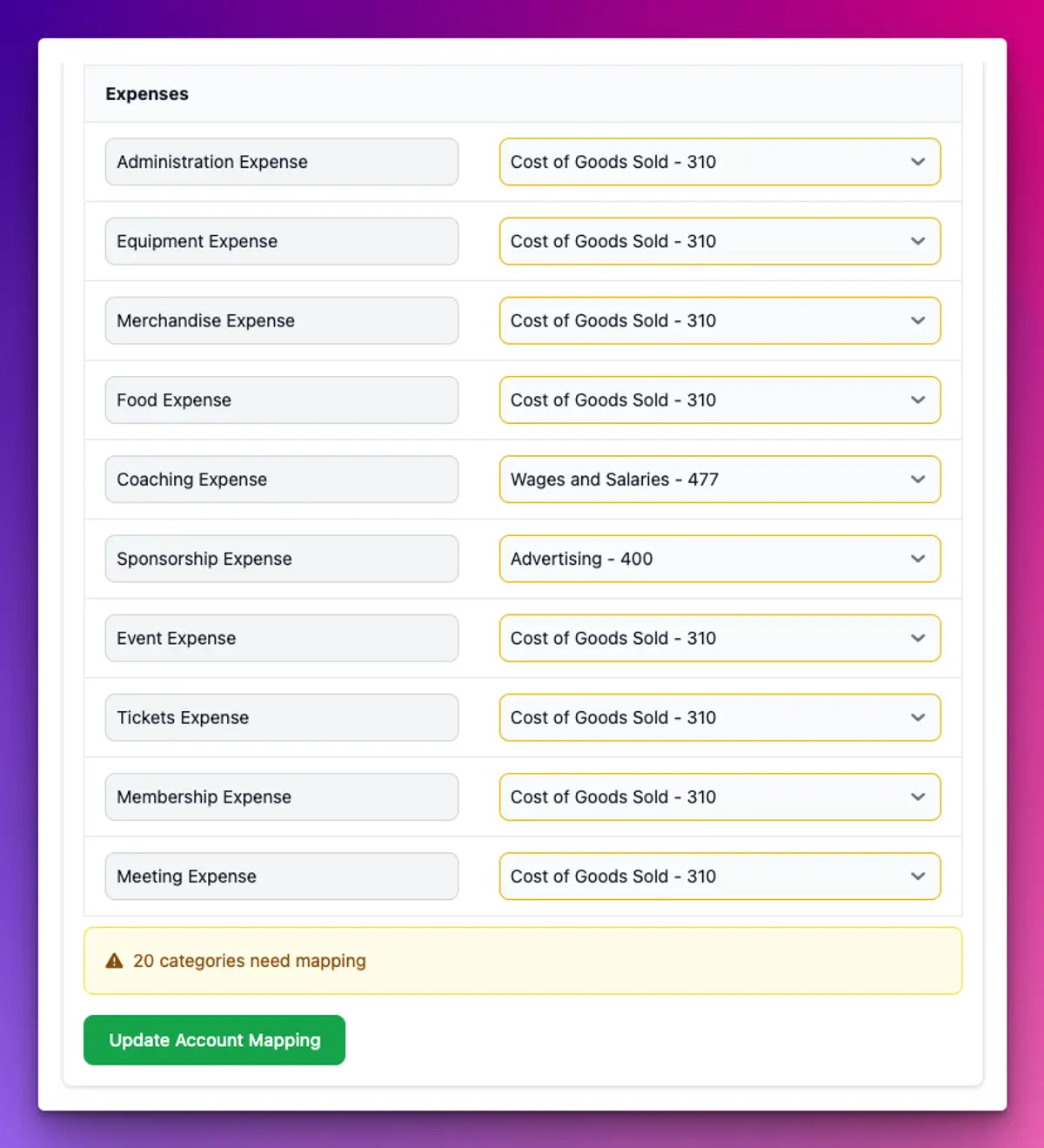 The category mapping table in Xero V2, pairing TidyHQ expense categories such as Coaching Expense and Sponsorship Expense with Xero accounts, and a warning that 20 categories need mapping