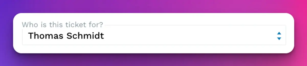 The Who is this ticket for? dropdown at checkout, with Thomas Schmidt selected