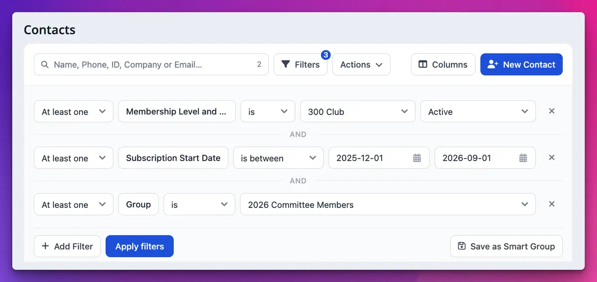 The Contacts table with the Filters panel open showing three filter conditions and buttons for Add Filter, Apply filters and Save as Smart Group