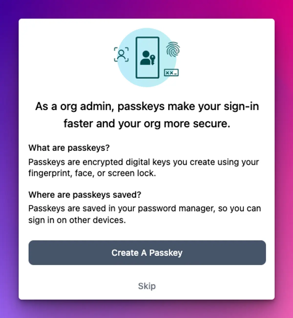 The TidyHQ prompt offering to create a passkey, with a Create A Passkey button and a Skip link