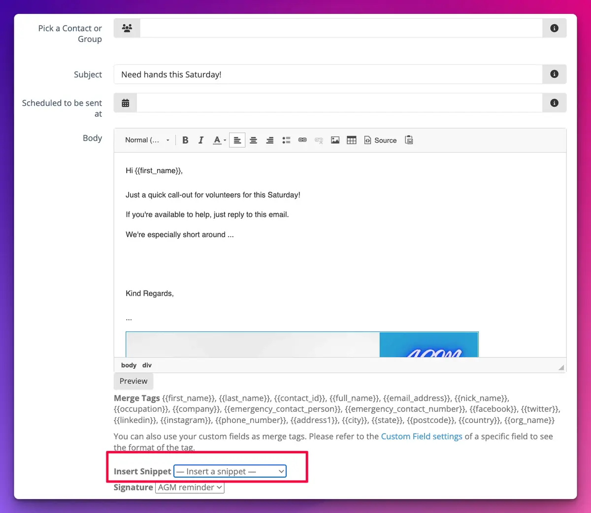 The TidyHQ email composer with the Insert Snippet picker highlighted below the merge tags and above the Signature picker