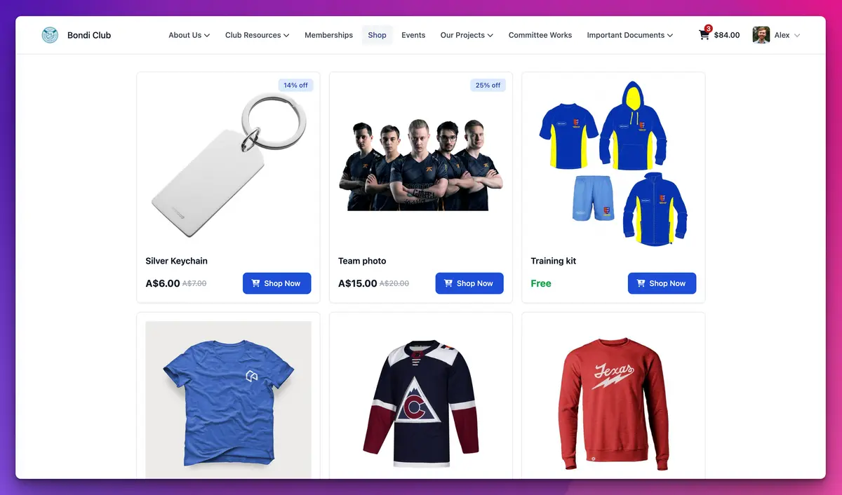 A club shop page showing product cards for a keychain, team photo and training kit, each with a price and a Shop Now button