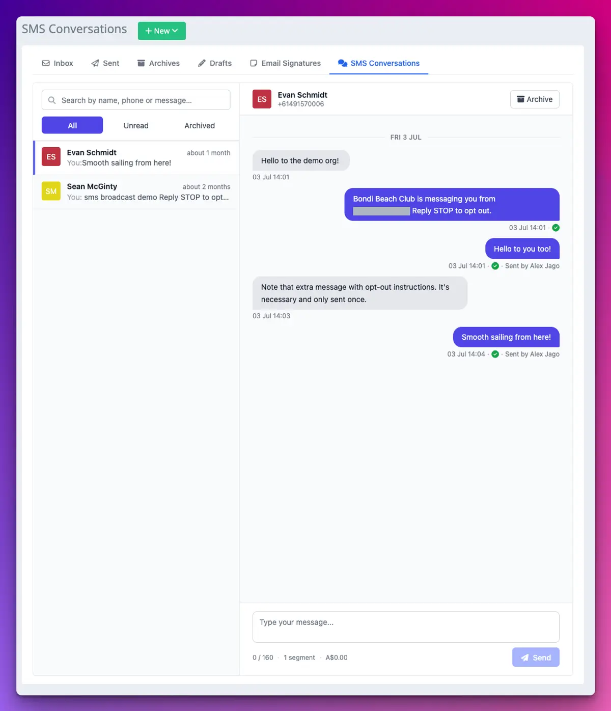 The SMS Conversations screen with a list of conversations on the left and a text thread on the right, including an automatic opt-out line and a reply box