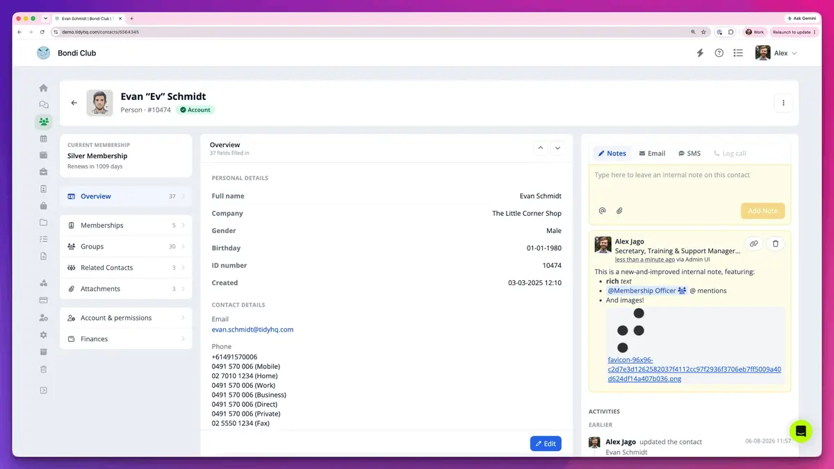 A contact profile with current membership and a section menu on the left, contact details in the middle and a notes column on the right showing a rich-text note with an @mention and an image