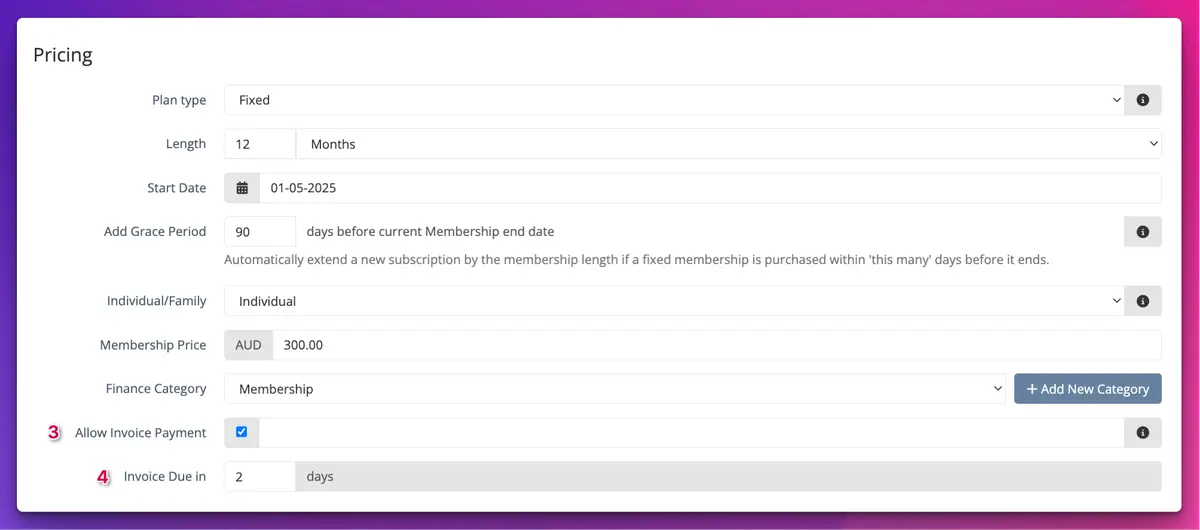 The Pricing section of a membership level, with Allow Invoice Payment ticked and Invoice Due in set to 2 days