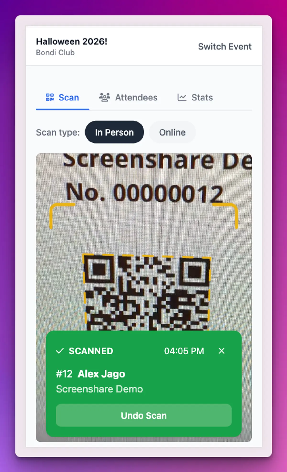 The phone scanner showing a green Scanned confirmation with the attendee's name and an Undo Scan button