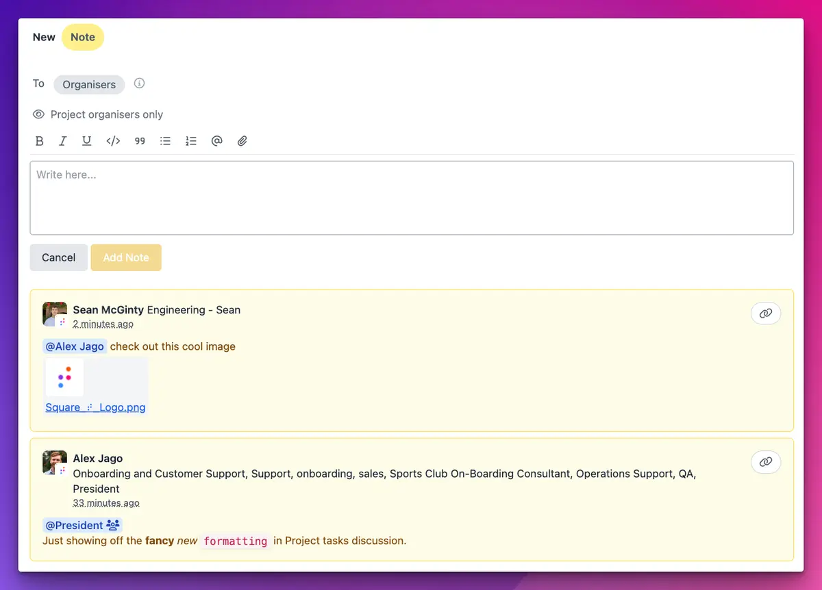 A project task discussion showing a note with an @mention and an attached image, and a second note mentioning the President role with formatted text