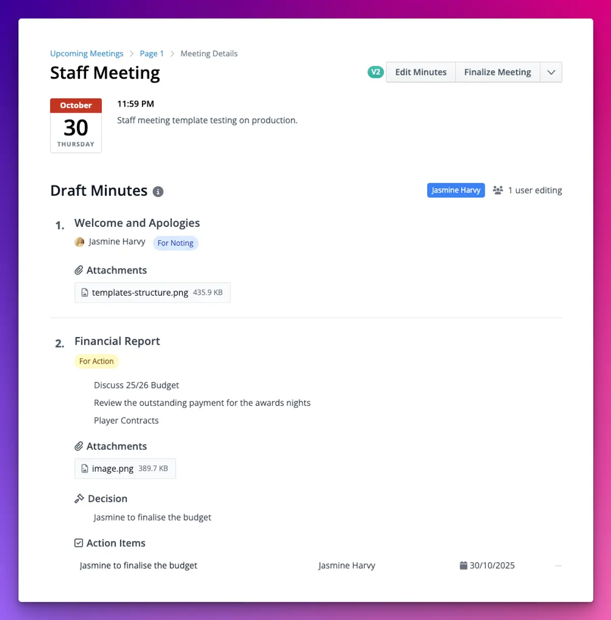 Draft minutes in TidyHQ's new Meetings experience, showing a decision and an action item under the Financial Report agenda item