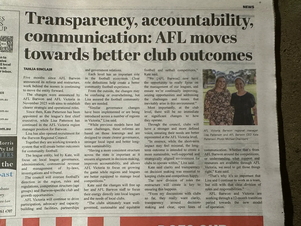 Geelong Advertiser front-page article: Transparency, accountability, communication - AFL moves towards better club outcomes. Photo of Lisa Patterson and Kate Patterson by Michael Chambers.