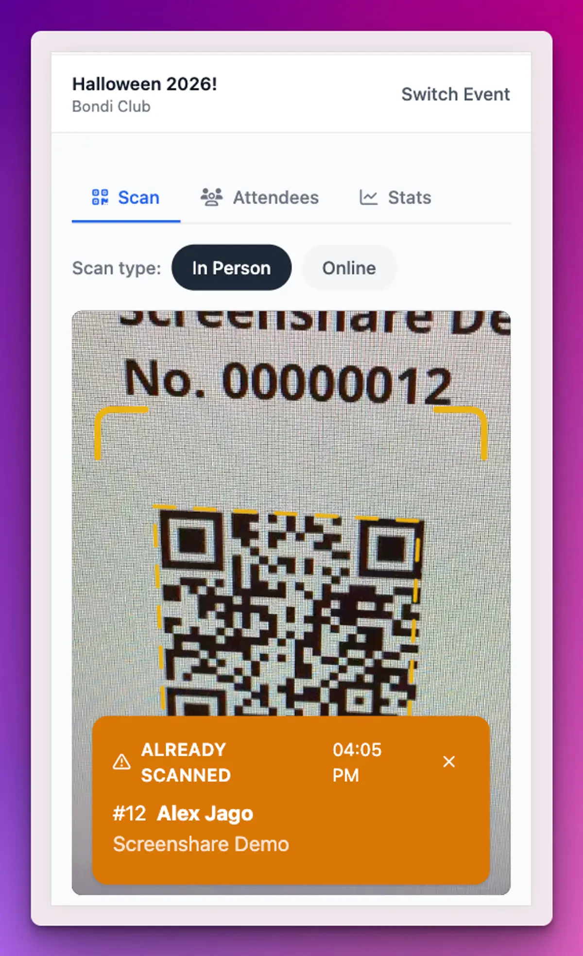 The scanner showing an amber Already Scanned alert with the attendee's name and the time of the original scan