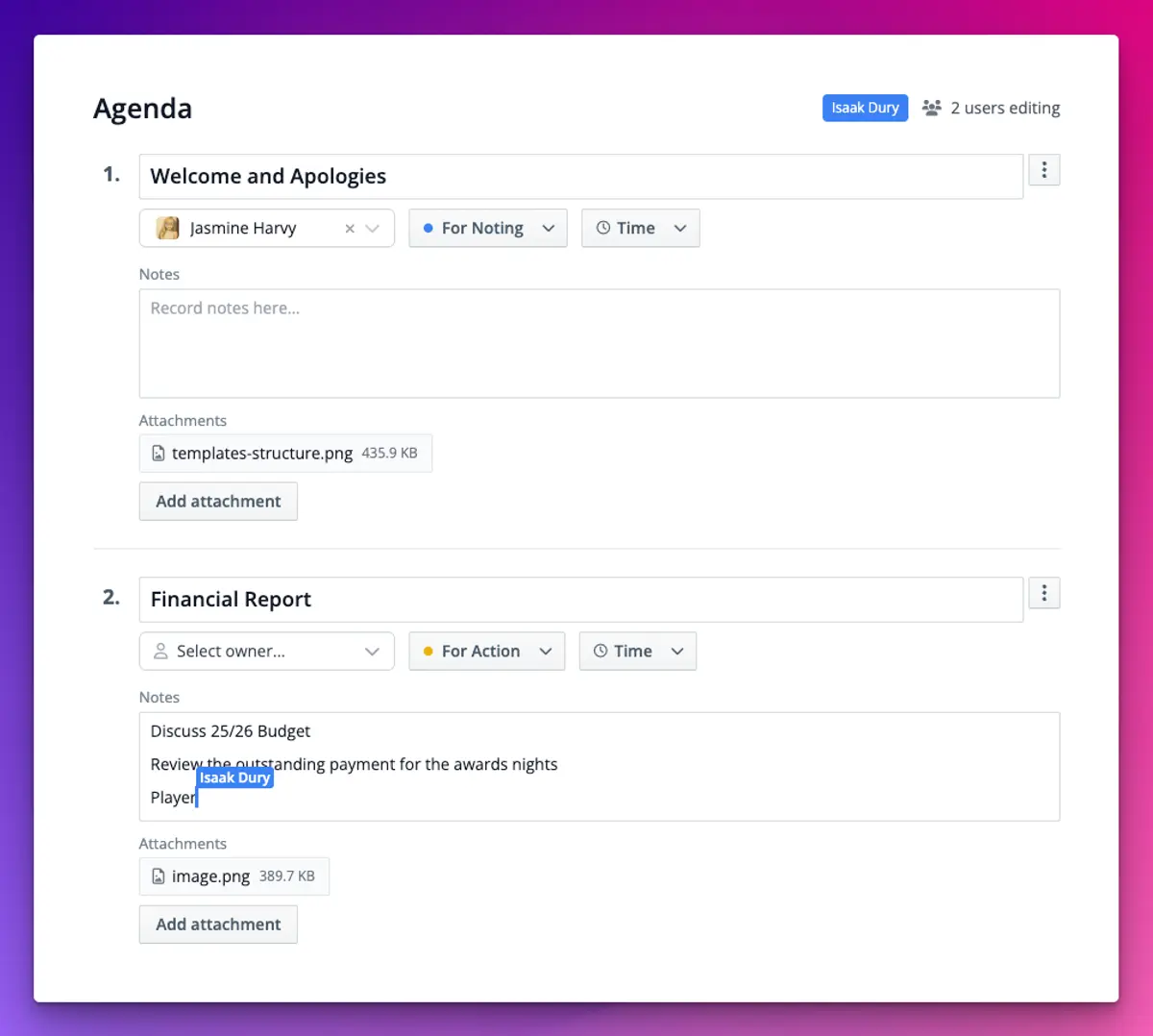 A TidyHQ meeting agenda being edited by two people at once, with a "2 users editing" indicator and a named cursor in the notes